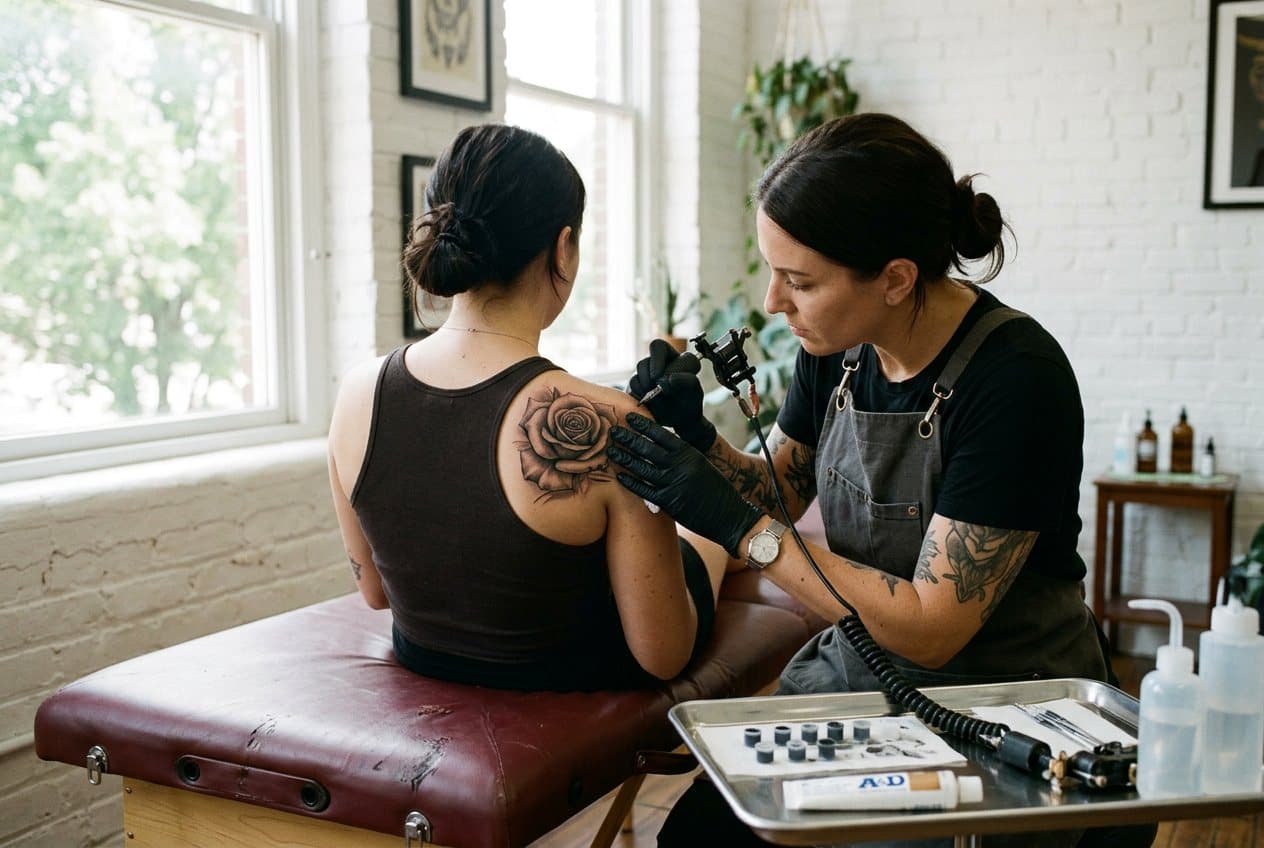 An artist in gloves shades a black and grey rose on a client's shoulder blade in a bright studio