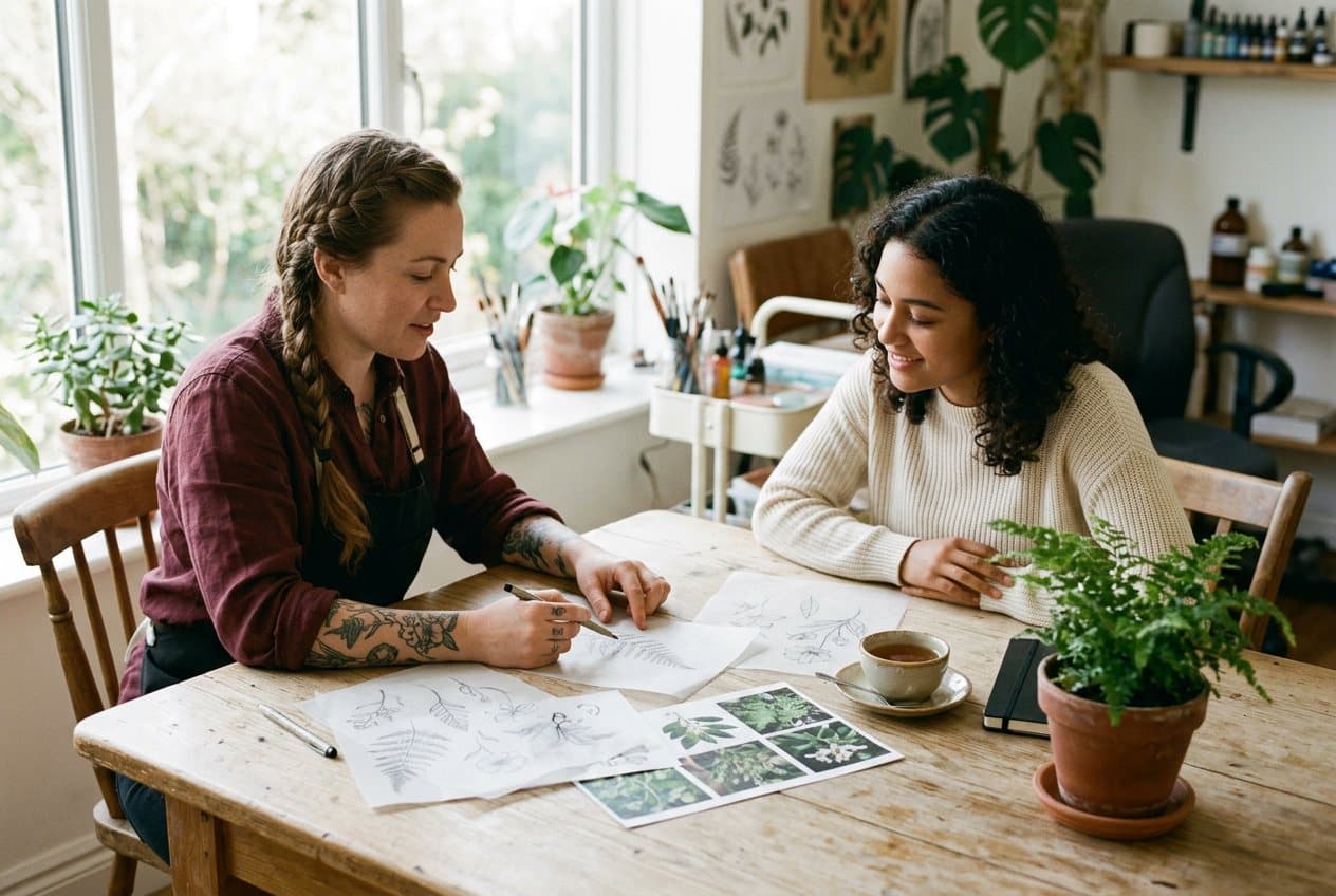 An artist and a client look at pencil sketches together at a pale oak table by a window